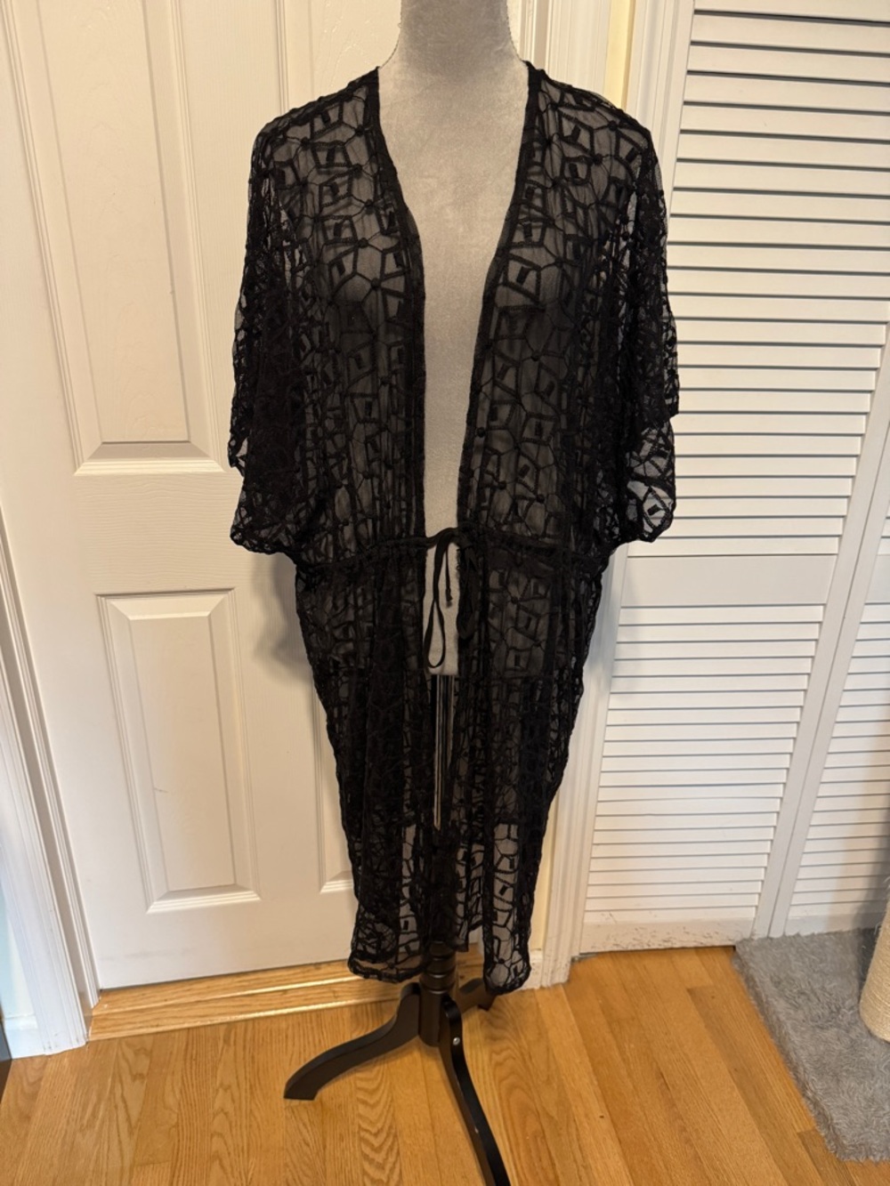 Black Sheer Crochet Swim Cover-Up Kimono